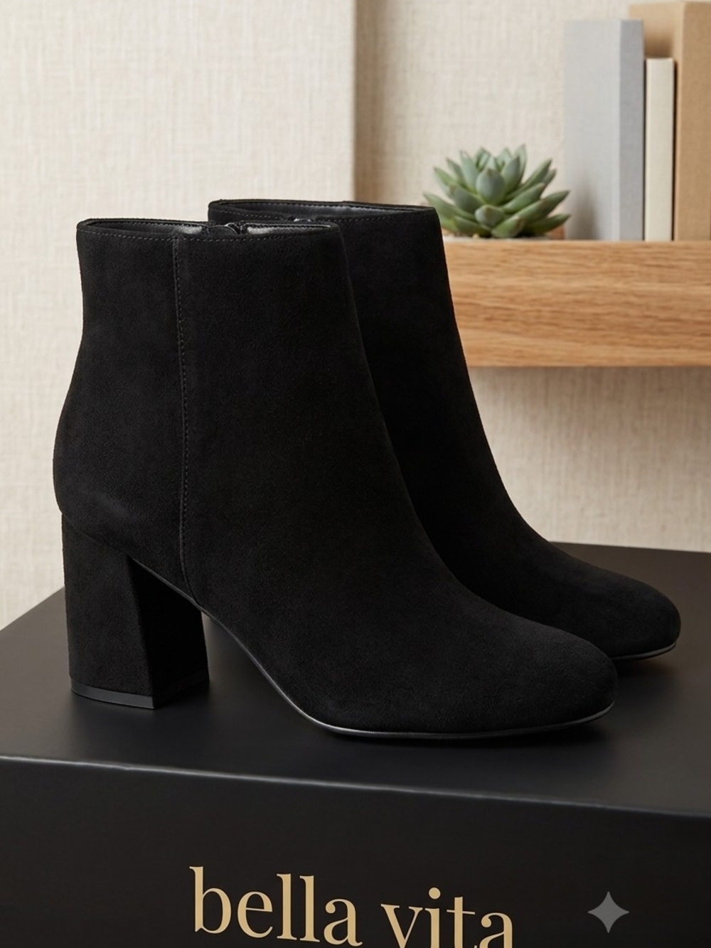 Bella Vita Black Suede Block Heel Ankle Boots